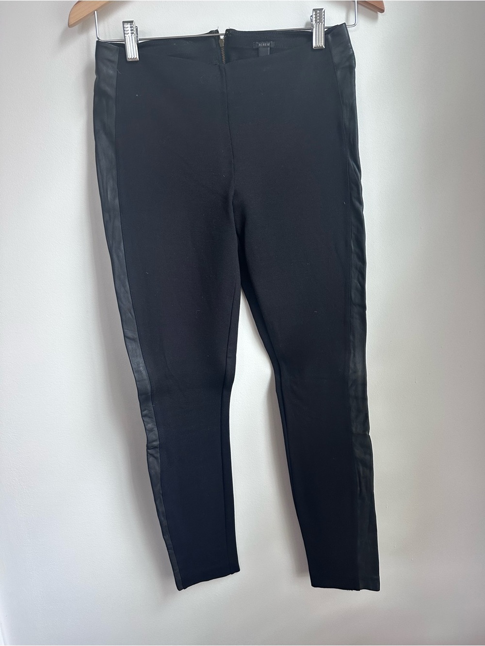 J. Crew Black Pull On Skinny Pants Trimmed in Black Leather. Size 4.